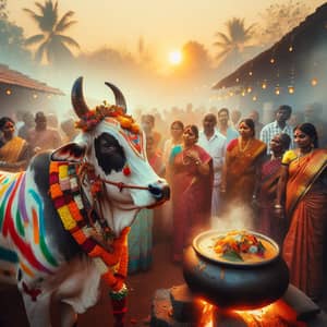 Festive Pongal Celebration with Colorful Cow Amid Traditional Attire