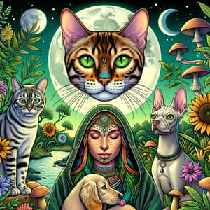 Golden Bengal Cat and Shaman Woman in Harmonious Nature Setting