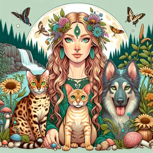 Golden Bengal Cat and Shaman Woman in Green Tones