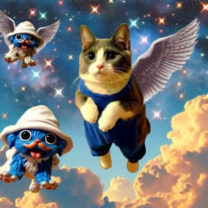 Cat Soaring Through Sky with Three Distinct Dogs