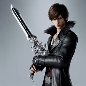 Unique Sword-Firearm-Wielding Character in Black Leather Jacket