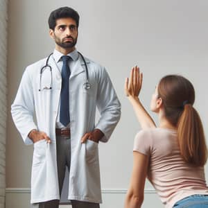 Middle-Eastern Male Doctor Assisting Caucasian Female Patient