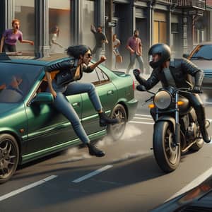 Chaotic Street Scene: Green Car vs. Black Motorcycle Drama