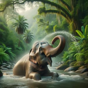 Joyful Asian Elephant Bathing in Lush Tropical River