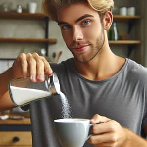 Blond Caucasian Adult Male Pouring Sugar into Cup