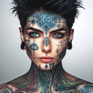 Masculine-Presenting Female Figure with Vibrant Tattoos and Striking Eyes