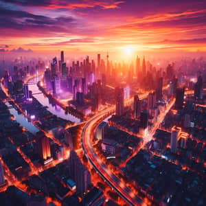 Captivating City Skyline at Sunset | Urban Landscape in Orange and Purple Hues