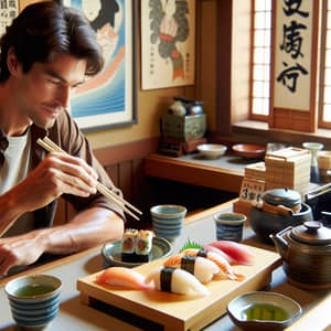 Japanese Man Enjoying Sushi at Traditional Restaurant in Japan