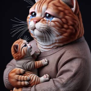 Realistic Photo of Crying Red-Haired Cat and Kitten in Life-Like Attire