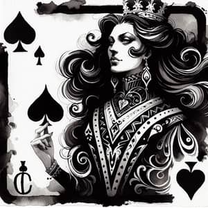 Queen of Spades Ink Wash Painting: Black and White Style