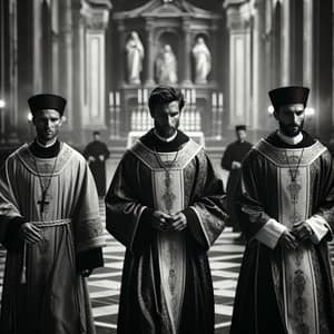 Three Priests in a Vintage Cathedral - Black & White Art