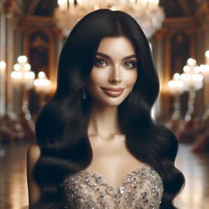 Elegant Woman with Long Black Hair in Sparkling Gown