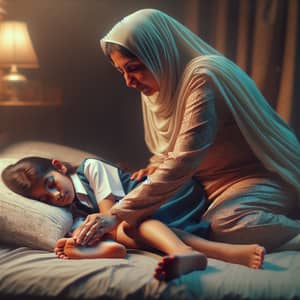 Peaceful South Asian Girl Sleeping in School Uniform with Mother's Gentle Feather Touch