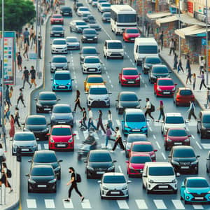 Urban Street Scene with Varied Cars and Multicultural Pedestrians