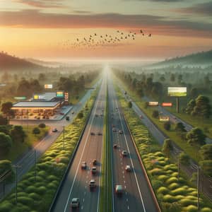 Tranquil Highway Scenery with Birds and Billboards