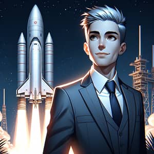 Silver-Haired Entrepreneur by Rocket Ship | Technology & Space Exploration