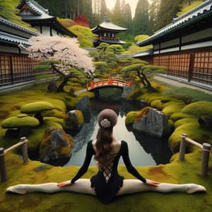 Russian Girl in Black Attire in Japanese Garden Splits