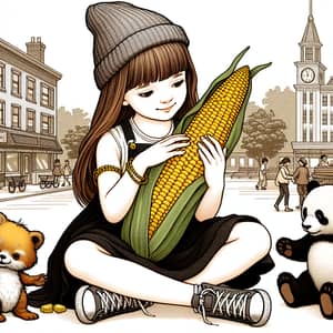 Enchanting Disney-style Illustration of a Girl with Corn and Panda