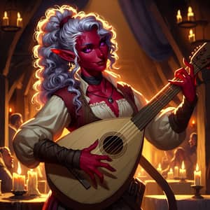 Fantasy Tiefling Rogue Strumming Lute in Dimly Lit Inn