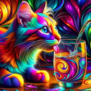 Vibrant Cat Drinking Water from Colorful Glass