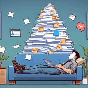 Overwhelmed Asian Man on Sofa Facing Mountain of Tasks