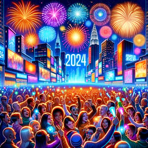 New Year's Eve 2024 Celebration with Diverse Crowd and Fireworks