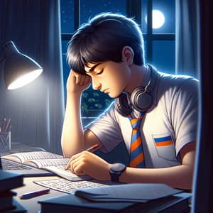 Teenage Armenian Boy Studying Under Moonlight | Tidy Room Ambiance