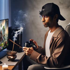 South Asian Male Gamer Lighting Incense | Gaming Fantasy Scene