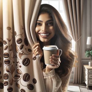 Joyful Woman Unveiling Coffee-Colored Blackout Curtains in Elegantly Adorned Room