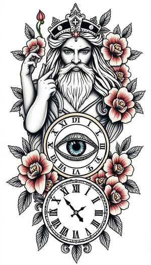 Unique Greek God Tattoo Design with Floral Elements