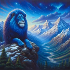 Azure Maned Lion on Snow-Dusted Mountain Peak | Twilight Sky