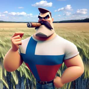 Cartoon Character in Flag T-Shirt at Wheat Field