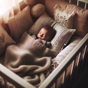 Peaceful Sleeping Newborn in Cozy Crib | Soft Blankets & Embroidered Pillows