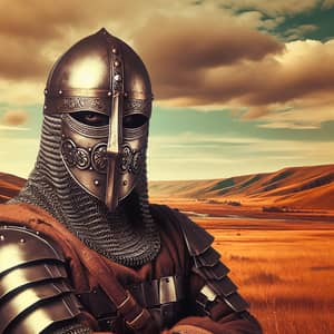 Heroic Iron Masked Battler in Steppe Landscape