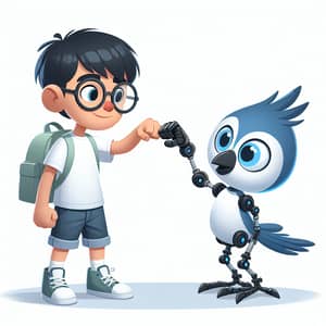 Animated Bird Fist-Bumping Human Boy with Robotic Arm