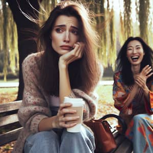 Melancholic 27-Year-Old Woman and Cheerful 32-Year-Old Woman in Park