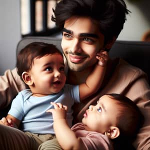 Young South Asian Father Bonding with Infant Sons | Heartwarming Scene