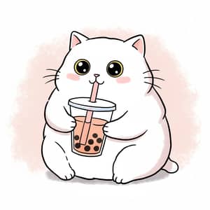 Charming Fat Cat Enjoying Bubble Tea | Minimal Art