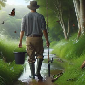 Hispanic Fisherman Walking to River with Bucket and Fishing Rod