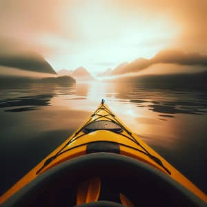 Yellow Sea Kayak Floating on Calm Water with Mountain Silhouettes