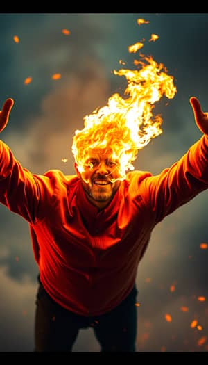 Dramatic Fire-Faced Man Flying in Surreal Atmosphere