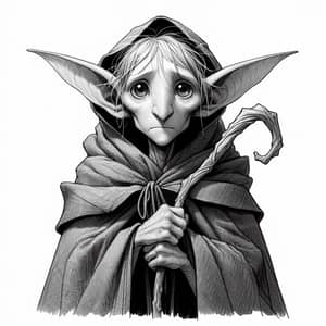 Enigmatic Scrawny Wood Elf with Wizard Staff and Cloak