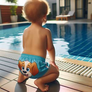 Adorable Toddler in Paw Patrol Swim Shorts by Well-Lit Poolside