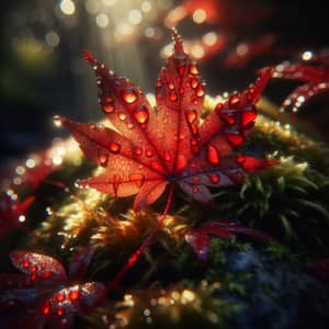 Macro Close-Up of Wet Red Maple Leaf on Moss-Covered Rock