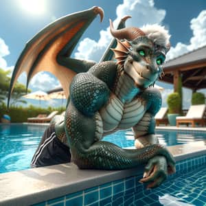 Male Dragon Demi-Human Relaxing by the Pool in Casual Swim Shorts