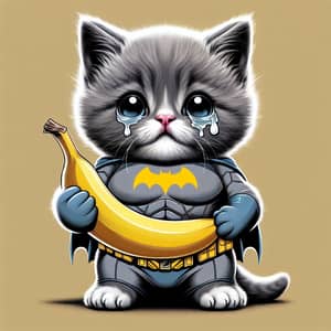 Adorable Gray Kitten in Batman Suit Holding a Banana