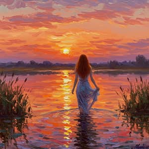 Sunset Oil Painting: Woman Walking in Water