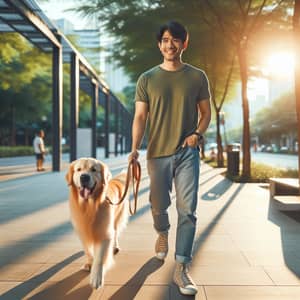 Golden Retriever Dog Walking with South Asian Male Owner