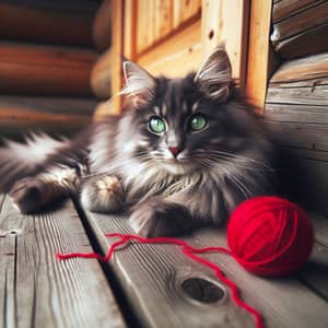 Greyish Cat with Green Eyes on Wooden Porch – Playful Feline Charm