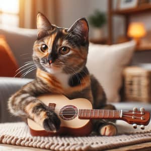 Enchanting Scene: Cat Playing Guitar in Cozy Living Room